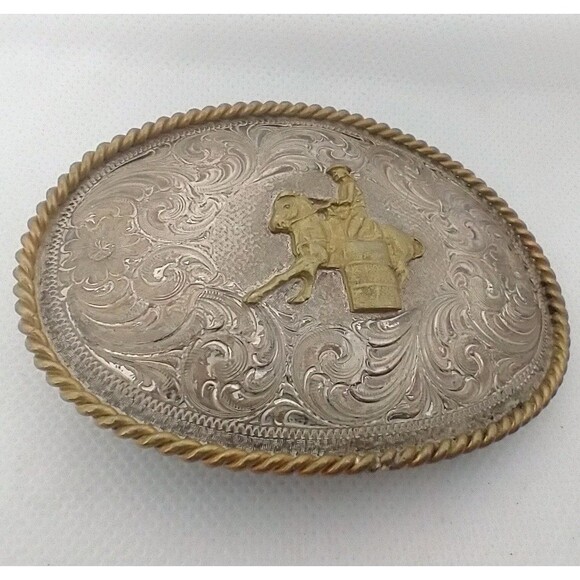 Montana Silversmiths German Silver Gold Barrel Race Flower Custom Buckle Great - Picture 5 of 10